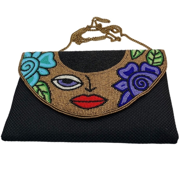 David Jeffrey Handbags - Beaded DAVID JEFFREY Multicolor Floral Face Evening Clutch, Gold Crossbody Chain